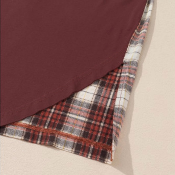 Red Floral Plaid Mixed Print Bishop Sleeve Patchwork Top - Picture 7 of 9